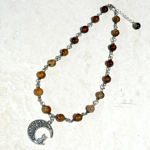 Genuine Earthy Carnelian Agate Short Necklace, Gemstone & Cat on the Moon Charm - Picture 7 of 15